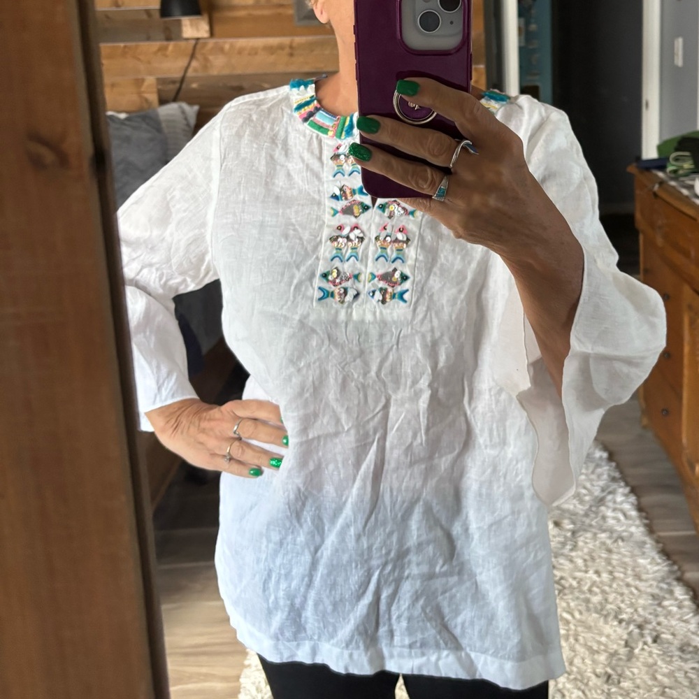 Talbots White Embroidered Linen Tunic Top - size XLarge Petite.